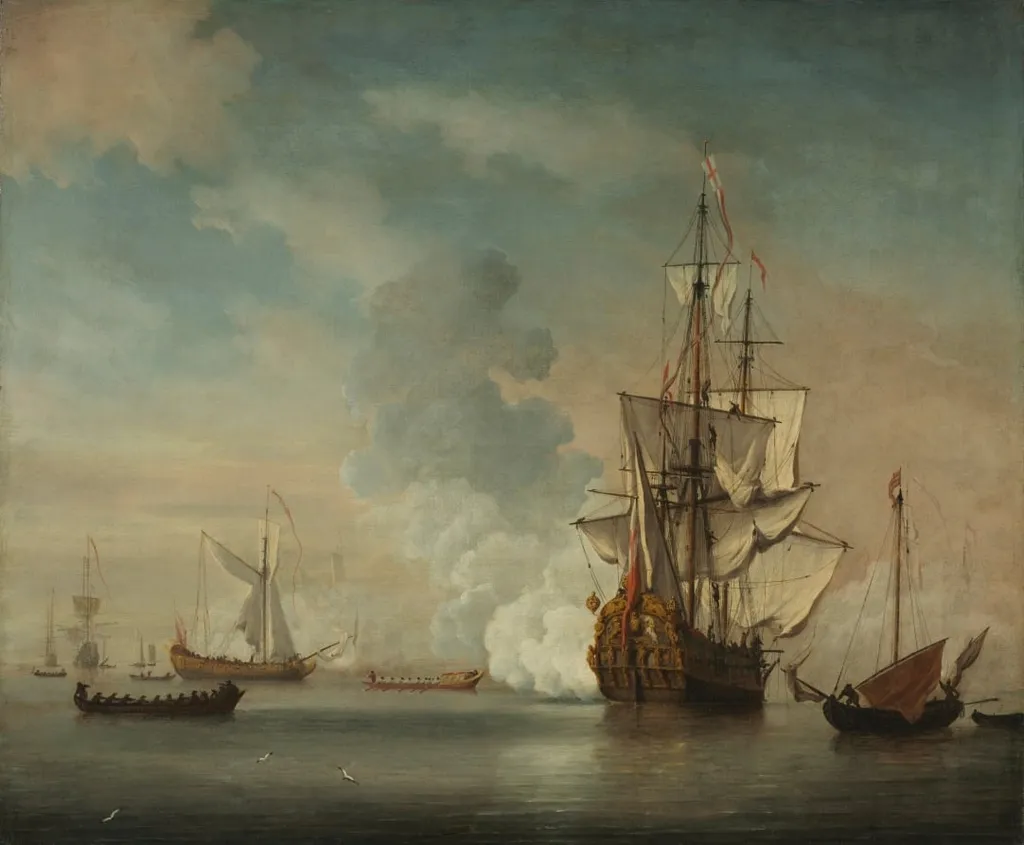 English Warship Firing a Salute, by Unknown, unspecified, 1690
