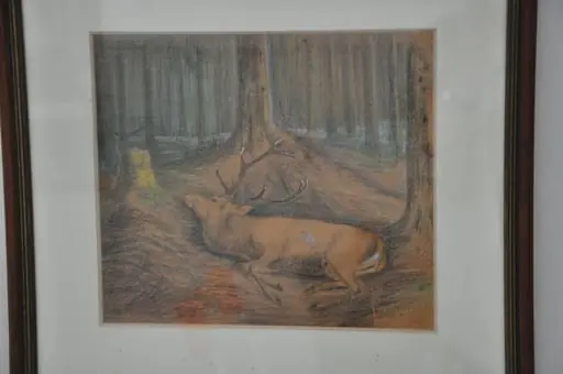 Erlegter Hirsch vor einem Baumstamm, by Unknown, 1850