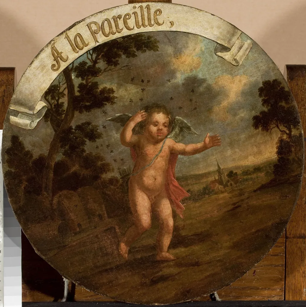 Eros fleeing from bees, by Unknown, oil, 1625