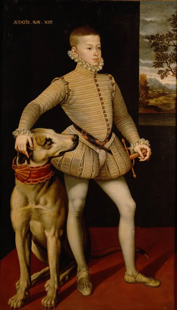 Erzherzog Albrecht VII. (1559-1621) im Alter von 14 Jahren mit einer Dogge, in ganzer Figur, by Unknown