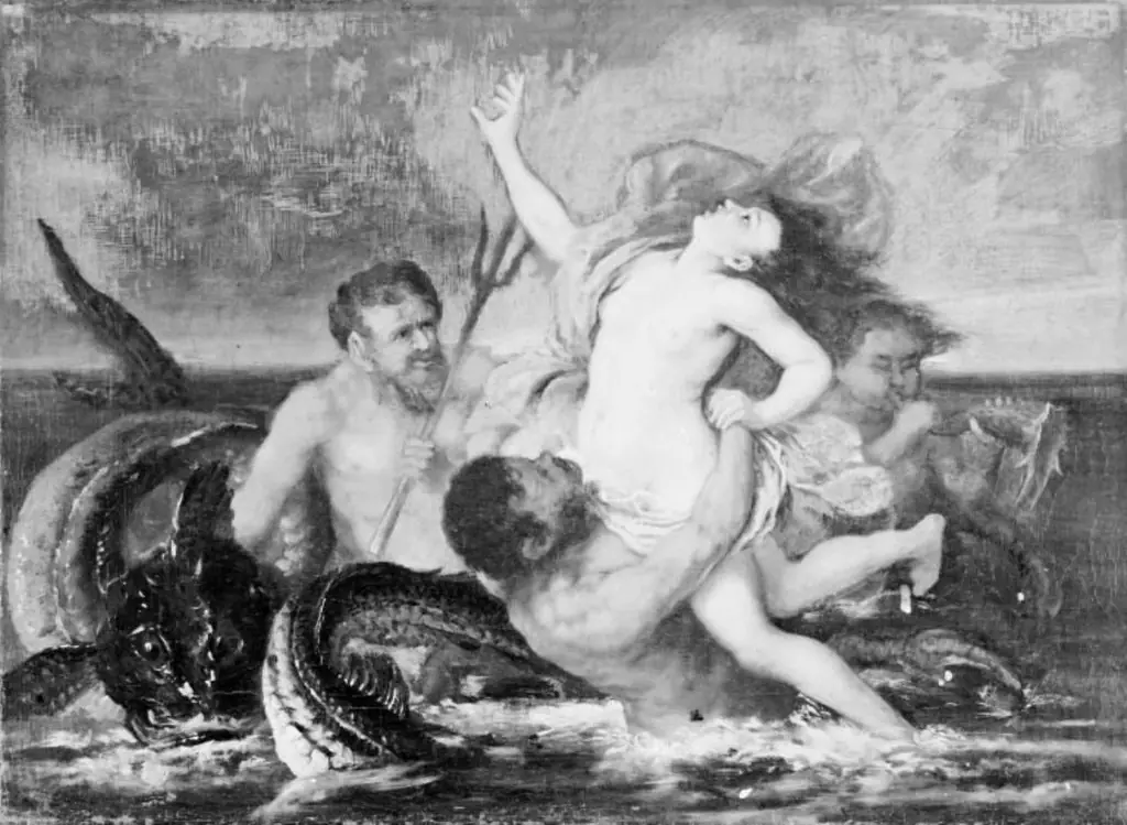 Et fruentimmer bortføres over søen af fire tritoner, by Unknown