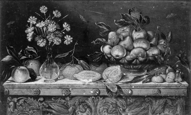 Et lille frugtstykke med blomster i vase, by Unknown