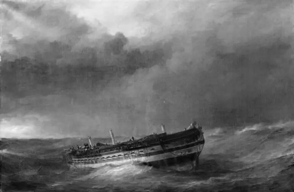 Et orlogsskib efter fransk konstruktion i færd med at kappe de master, der er gået over bord i en storm, by Unknown, 1839