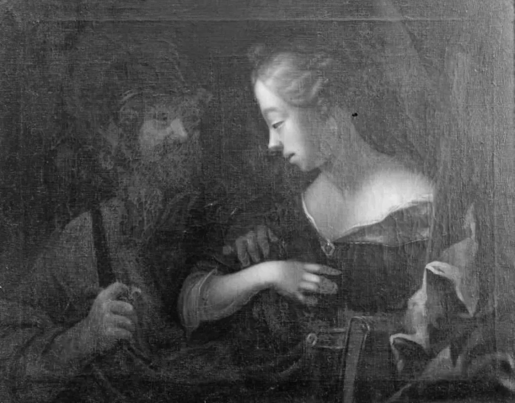 Et ungt fruentimmer i blå kjole, samtaler med en gammel mand, by Unknown, 1750