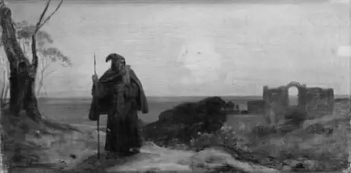 Evening Landscape with an Old Monk, by Unknown