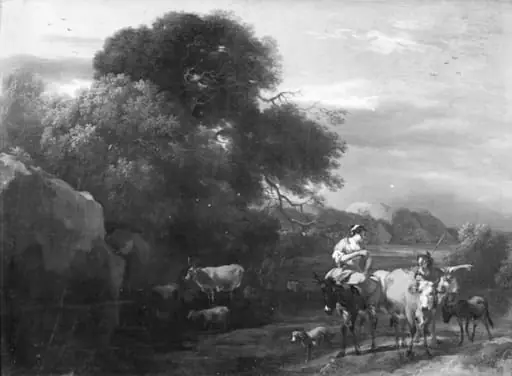 Evening Landscape with Wooded Rocks and Cattle, by Unknown