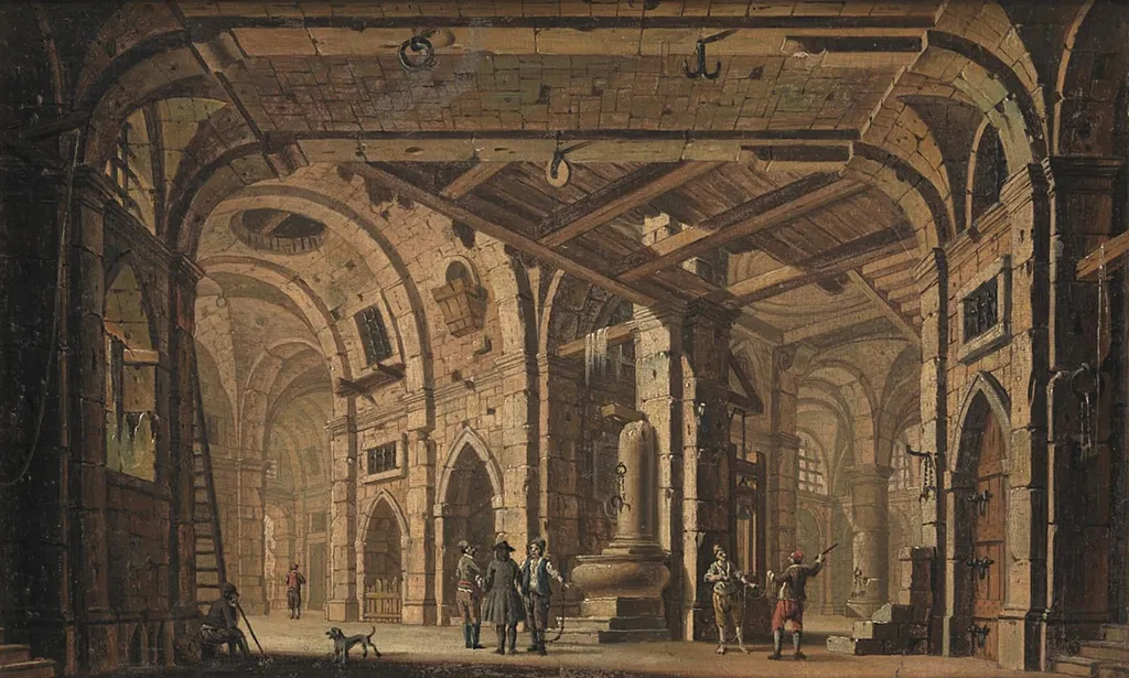 Fængselsdekoration med fanger og fangevogtere, by Unknown, 1750