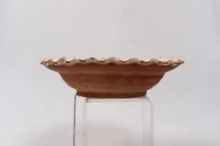 Farfurie adâncă, cu muchia buzei ondulată, angobată pe fața interioară cu un strat de humă albă. Este decorată prin pictare cu pensula și cu cornul cu motive florale, fitomorfe și geometrice: o floare centrală, stilizată, cu petale alungite de culoare maro-deschis (siena naturală) cu frunze verzi, încadrată într-un cerc de culoare brun-închis, pictată pe fundul farfuriei și motive decorative formate din pete de culoare (verde și roșu cărămiziu) cu contur brun-închis, intercalate de linii scurte ondulate sau linii din puncte, de asemenea de culoare brun-închis, pictate în registrul decorativ marginal de pe buza farfuriei. Cromatica: alb, verde, brun-închis, siena naturală, roșu cărămiziu. Suprafața ornamentată a farfuriei este acoperită cu un strat de smalț transparent., by Unknown, 1850