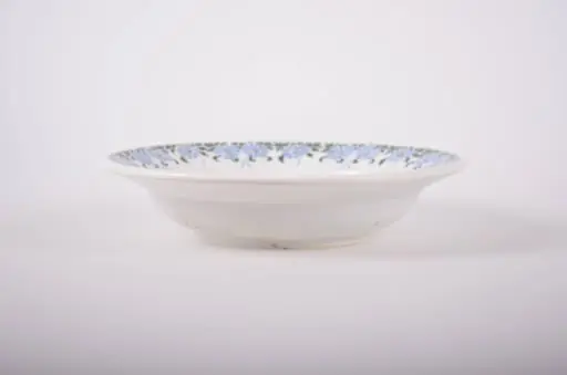 Farfurie de formă tronconică, adâncită; pe fund are găuri pentru agățare. Pe toată marginea este decorată cu motive florale, iar pe fund are trei cercuri concentrice. Cromatică: fond: alb; motive: albastru; verde., by Unknown