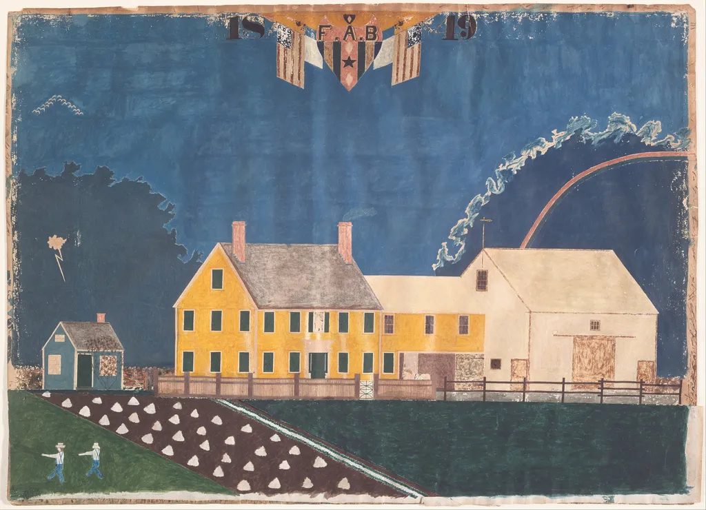 Farmstead in Passing Storm, by Unknown, watercolor, 1849