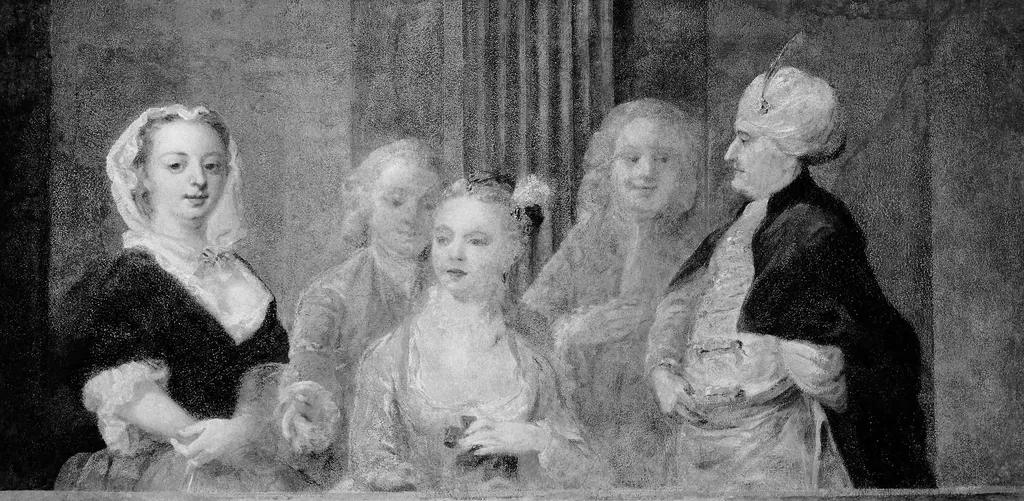 Fashionable Figures, with a Man in Turkish Costume, by Unknown, unspecified, 1734
