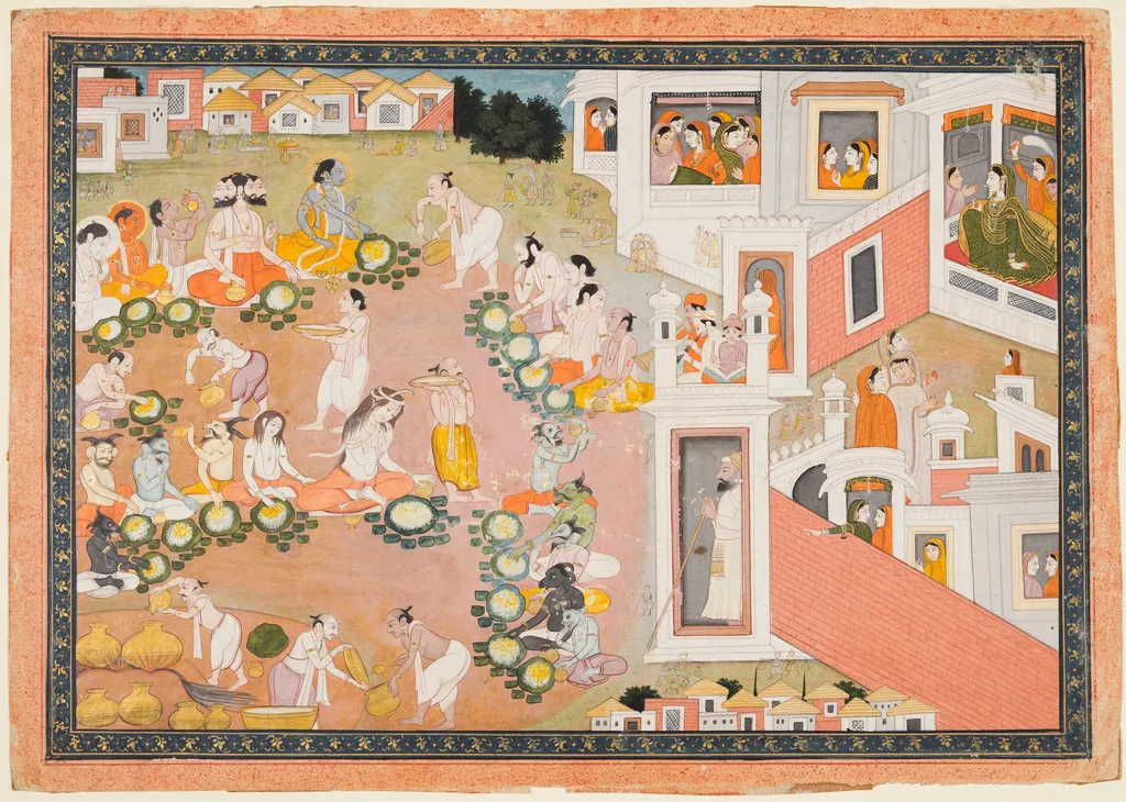 Feast where Vishnu decides he will incarnate as King Dasharatha’s sons, from Chapters 14–15 of the Bala Kanda (Book of Childhood) of a Ramayana (Rama’s Journey), by Unknown, unspecified, 1810