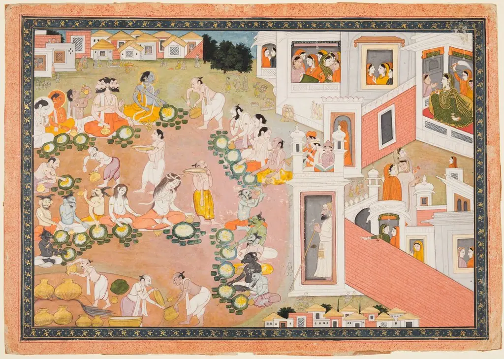 Feast where Vishnu decides he will incarnate as King Dasharatha’s sons, from Chapters 14–15 of the Bala Kanda (Book of Childhood) of a Ramayana (Rama’s Journey), by Unknown