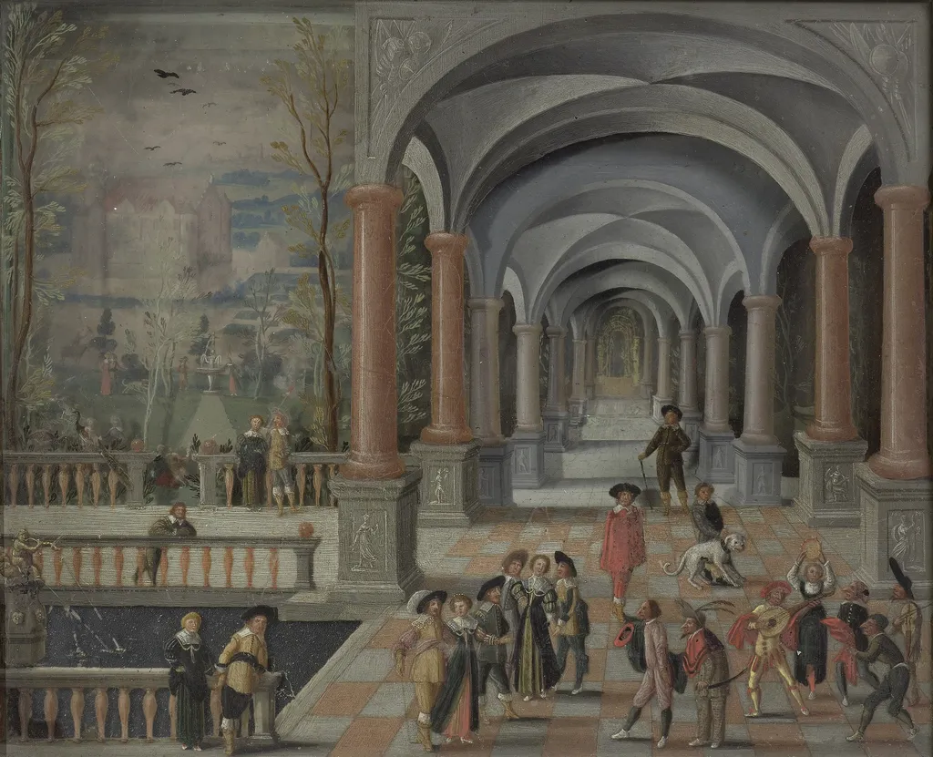 Festive Gathering and Figures from a Commedia dell'Arte in a Gallery, by Unknown, unspecified, 1634