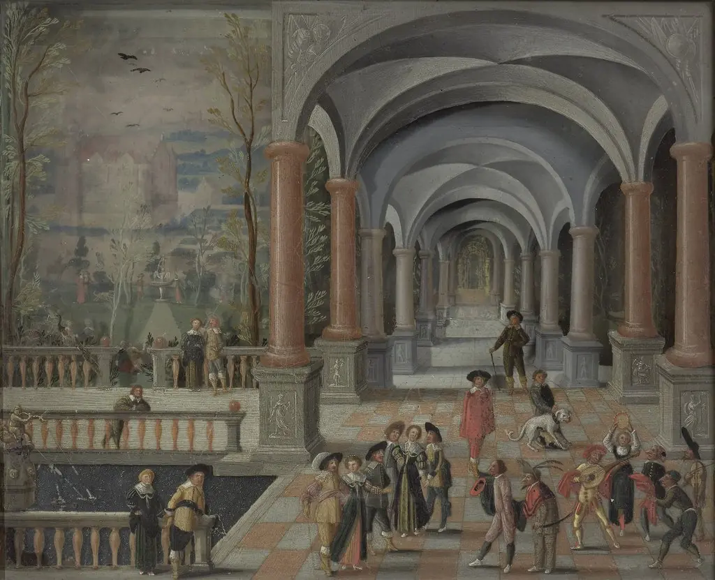 Festive Gathering and Figures from a Commedia dell'Arte in a Gallery, by Unknown