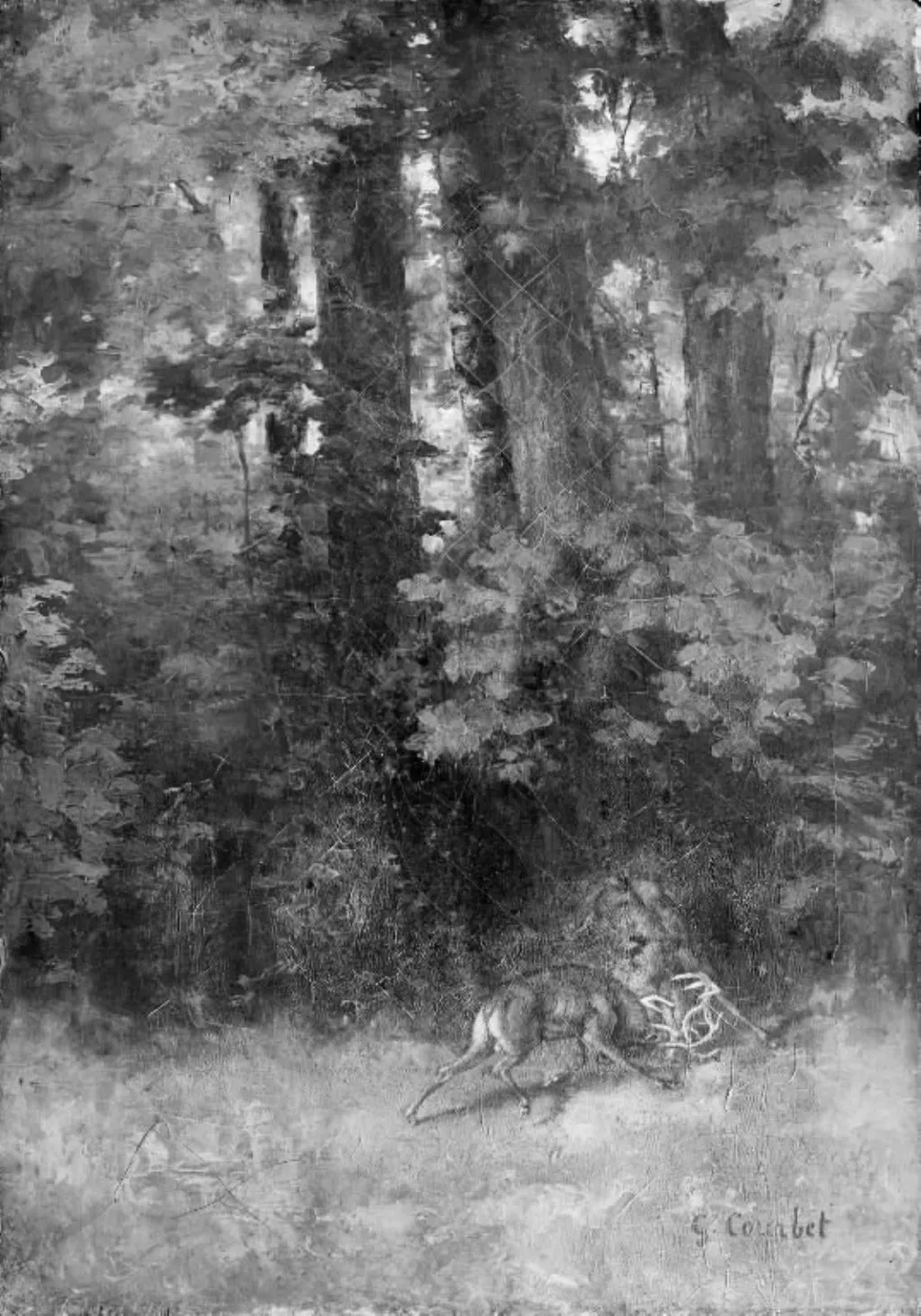 Fighting Stags in a Forest, by Unknown, 1850