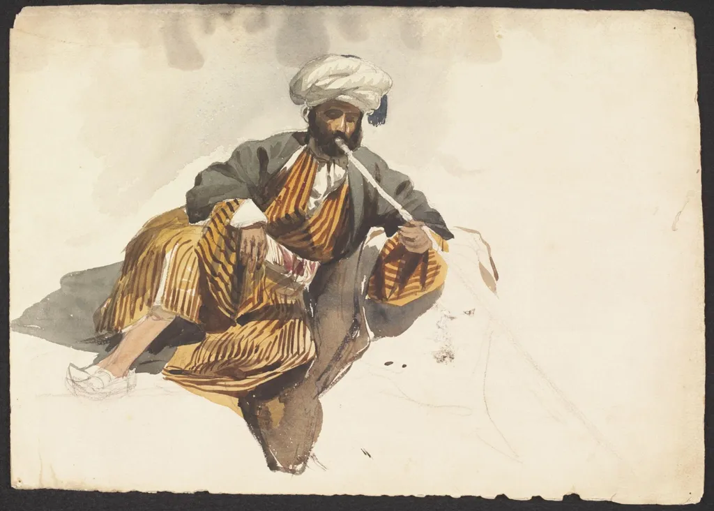 Figure of a Man in Arab dress, reclining, smoking a chibouk, by Unknown, watercolor, 1855