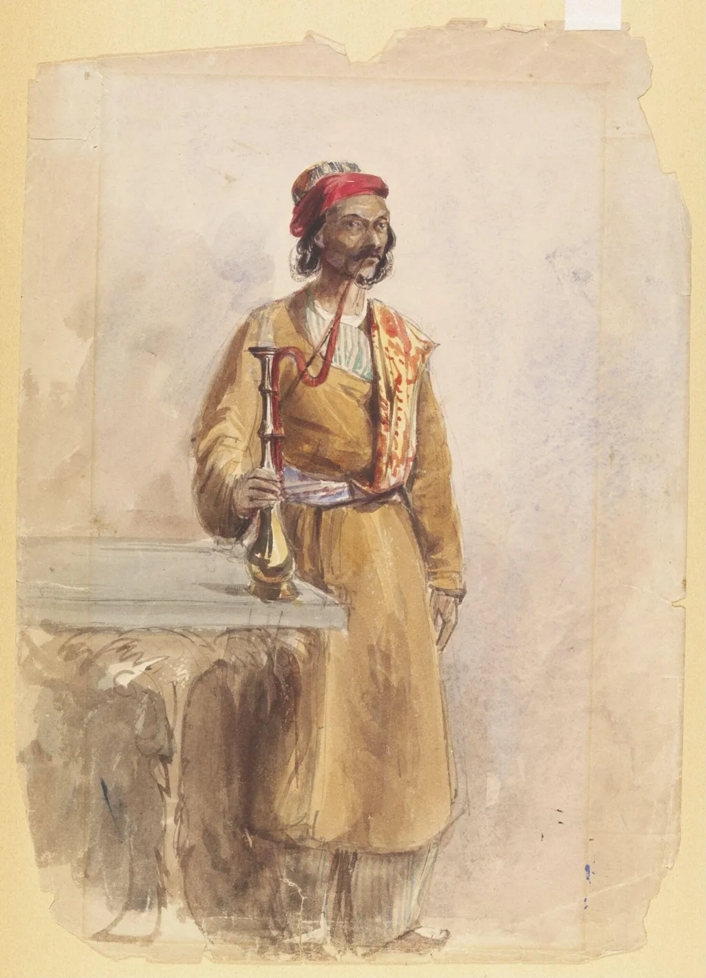Figure of an oriental Man, full-length, smoking a hookah, by Unknown, watercolor, 1848