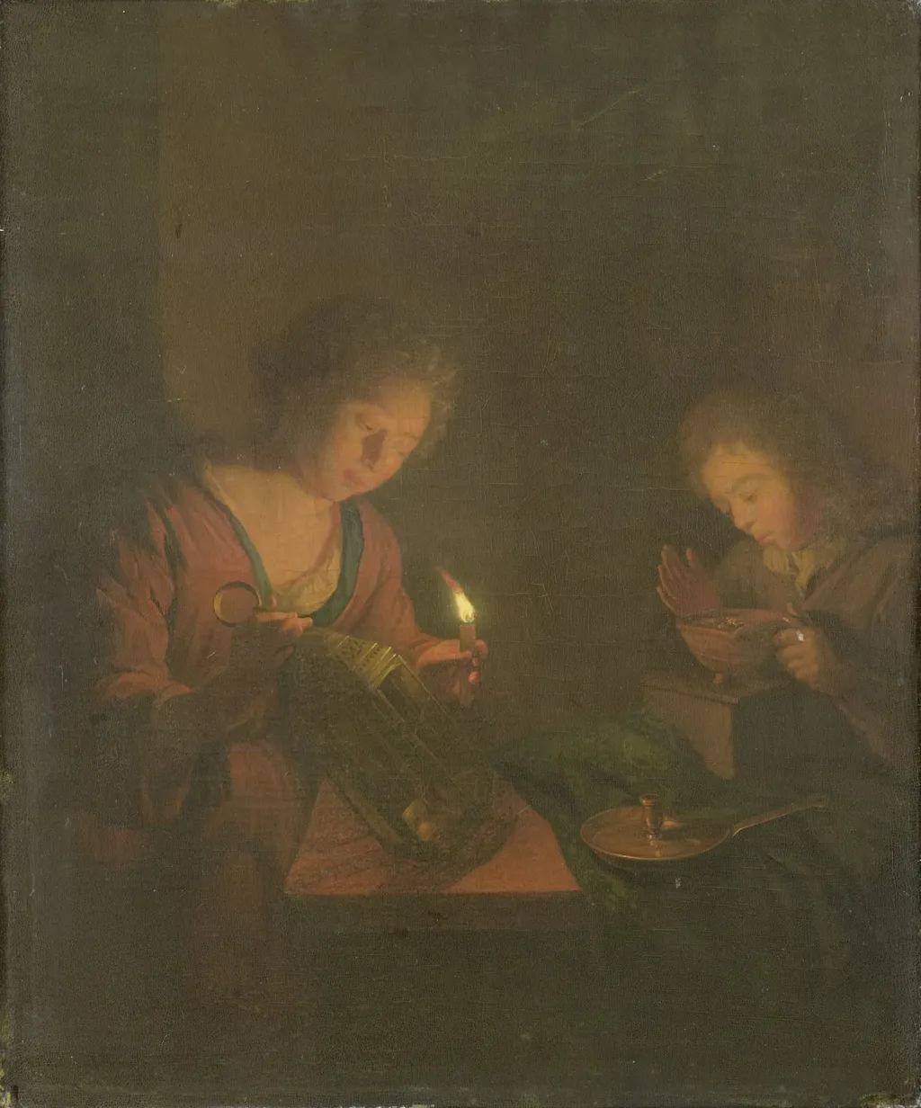 Fire and Light (A Girl Places a Candle in a Lantern and a Boy Blows on the Coals in a Chafing-Dish), by Unknown, unspecified, 1698