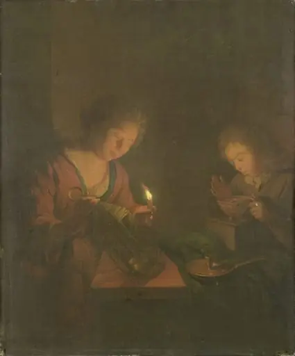 Fire and Light (A Girl Places a Candle in a Lantern and a Boy Blows on the Coals in a Chafing-Dish), by Unknown