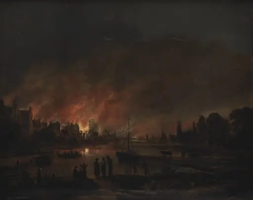 Fire at a Village by Night, by Unknown