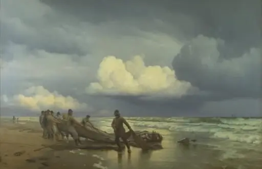 Fiskere trækker våd på Skagen Nordstrand, by Unknown