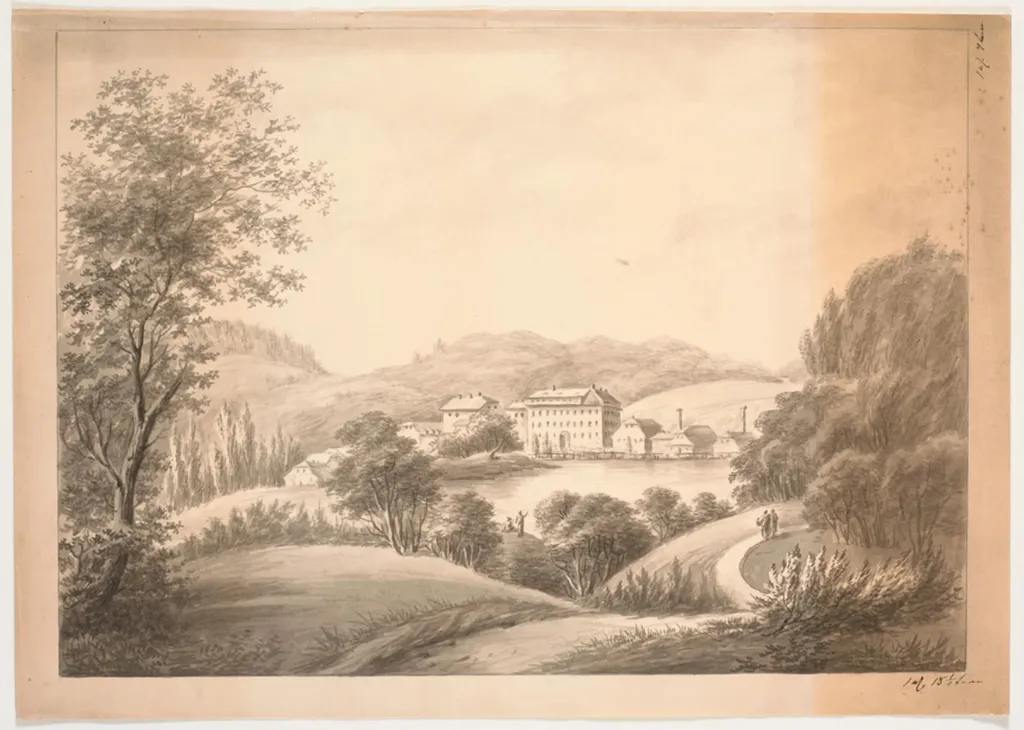 Flere tætliggende bygninger, bl.a. en hovedbygning og mindre huse med skorstene, ved vandløb eller sø, omgivet af træer og bakker, by Unknown, unspecified, 1750