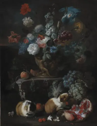 Flower Piece with Guinea Pigs, by Unknown