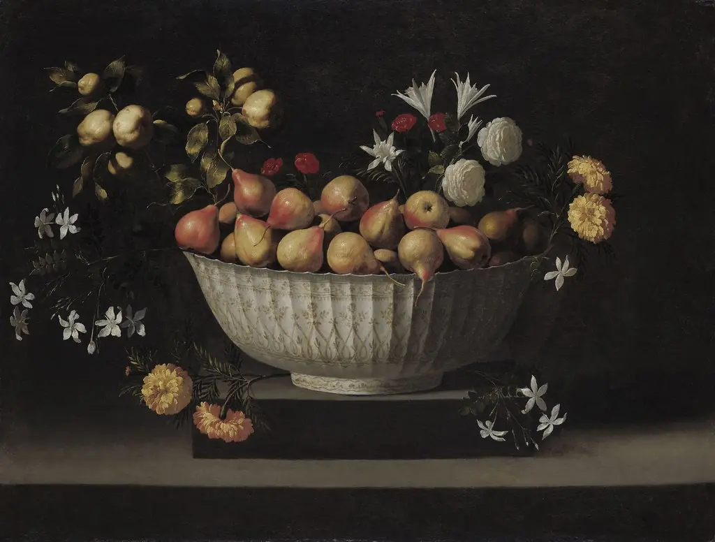 Flowers and Fruit in a China Bowl, by Unknown