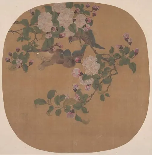 清 佚名 山禽海棠 扇|Flowers with Birds, by Unknown