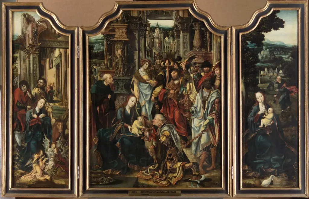 Flügelaltar; Mittelbild: Anbetung der Könige; linker Flügel: Anbetung der Hirten; rechter Flügel: Ruhe auf der Flucht nach Ägypten, by Unknown