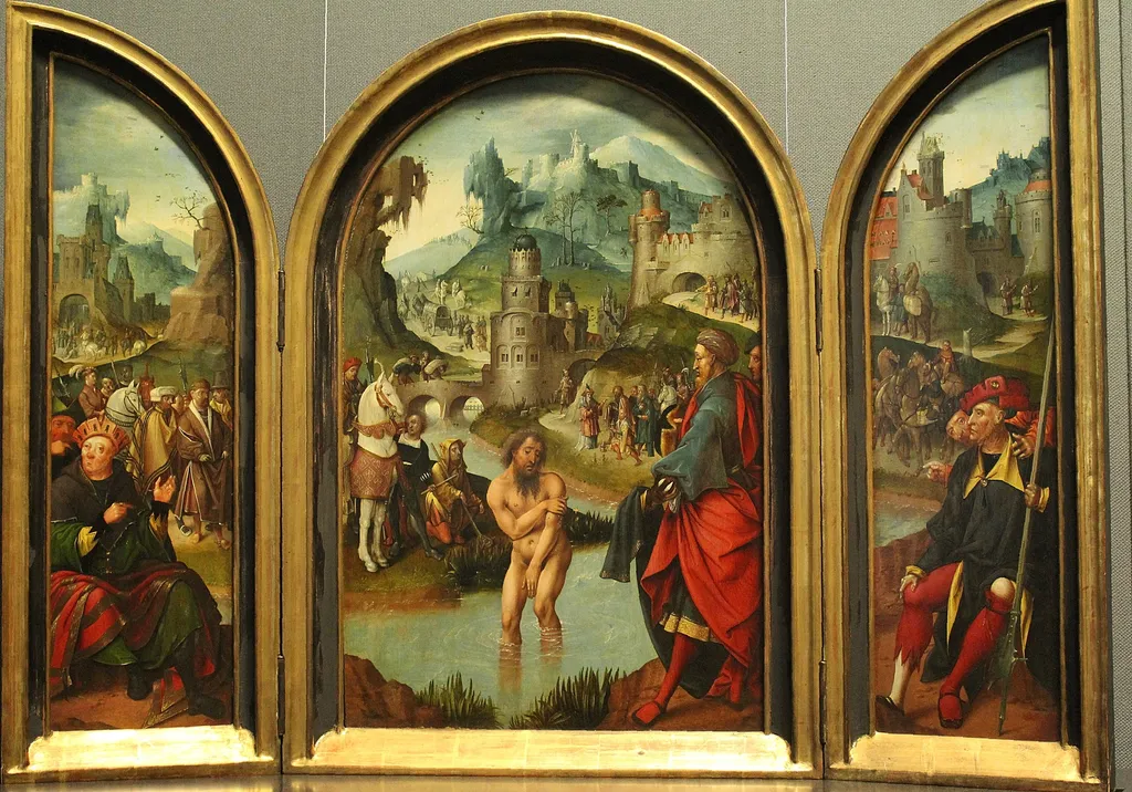 Flügelaltärchen (Flügel): Naam badet im Jordan; Seitenflügel: Hll. Cosmas und Damian, by Unknown, unspecified