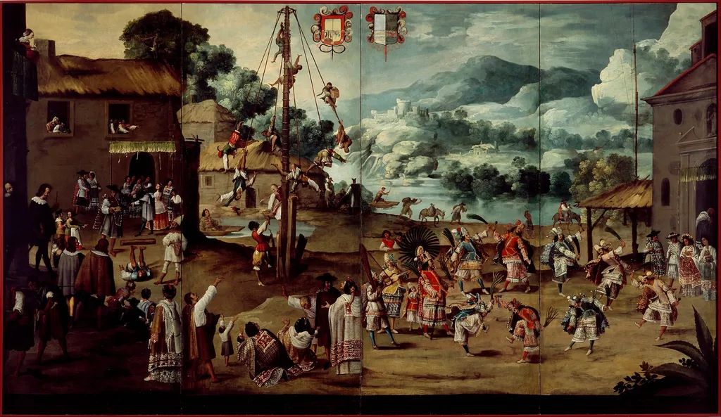 Folding Screen with Indian Wedding and Flying Pole (Biombo con desposorio indígena y palo volador), by Unknown, oil, 1696