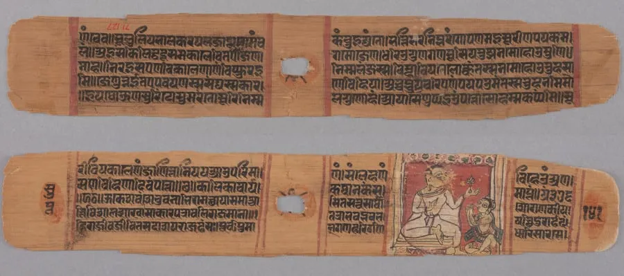 Folio 141, from a Kalpa-sutra and Story of Kalakacharya: Text (recto); Monk Holding a Flower Venerated by a Lay disciple (verso), by Unknown, unspecified, 1287