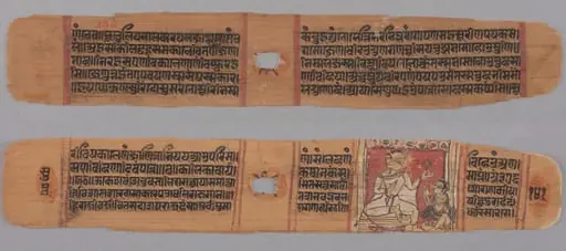 Folio 141, from a Kalpa-sutra and Story of Kalakacharya: Text (recto); Monk Holding a Flower Venerated by a Lay disciple (verso), by Unknown
