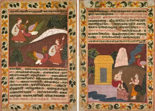 Folio 18 from a Chandana Malayagiri Varta (Story of King Chandana and Queen Malayagiri) of Karamachand: Ravana battles the great vulture Jatayu and defeats him by throwing stones in his mouth (recto); Jatayu approaches Rama and Lakshmana who are wondering where Sita could be (verso), by Unknown