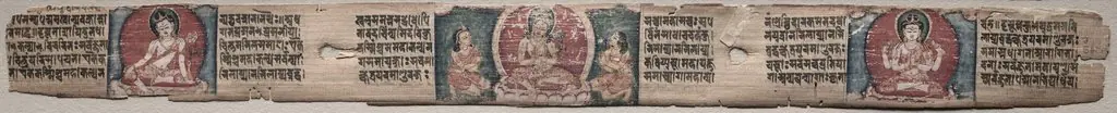 Folio 348 from a Gandavyuha-sutra (Scripture of the Supreme Array): Bodhisattva Manjushri with two forms of Avalokiteshvara (recto); Bodhisattva Samantabhadra purifies the path to enlightenment, with Manjushri (verso), by Unknown