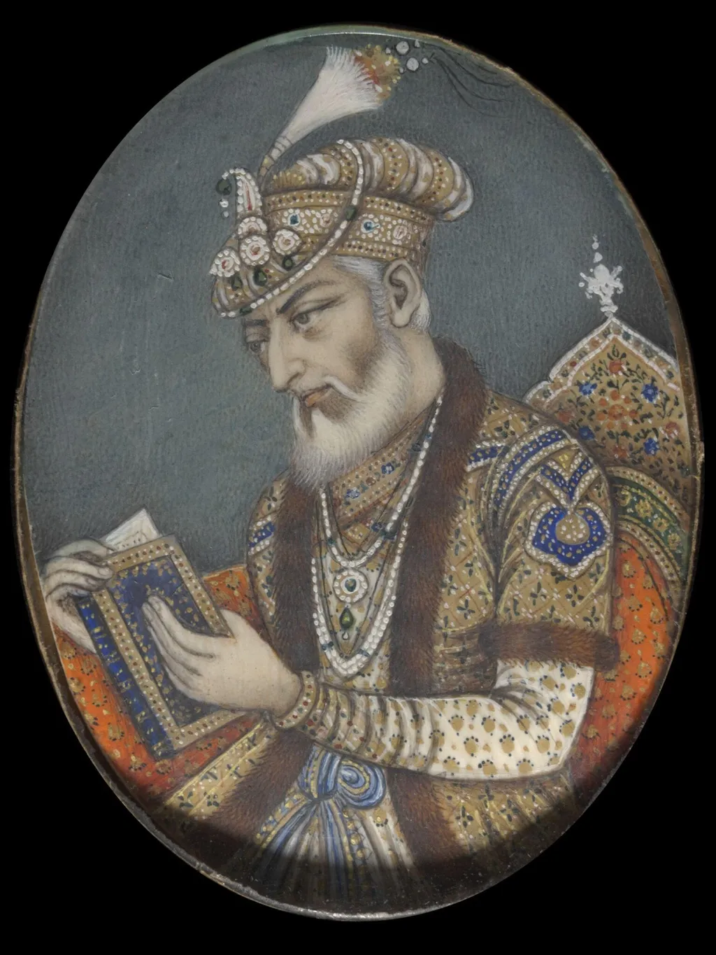 Four miscellaneous miniatures of Mughal emperors and an unidentified ruler., by Unknown, paint, 1865