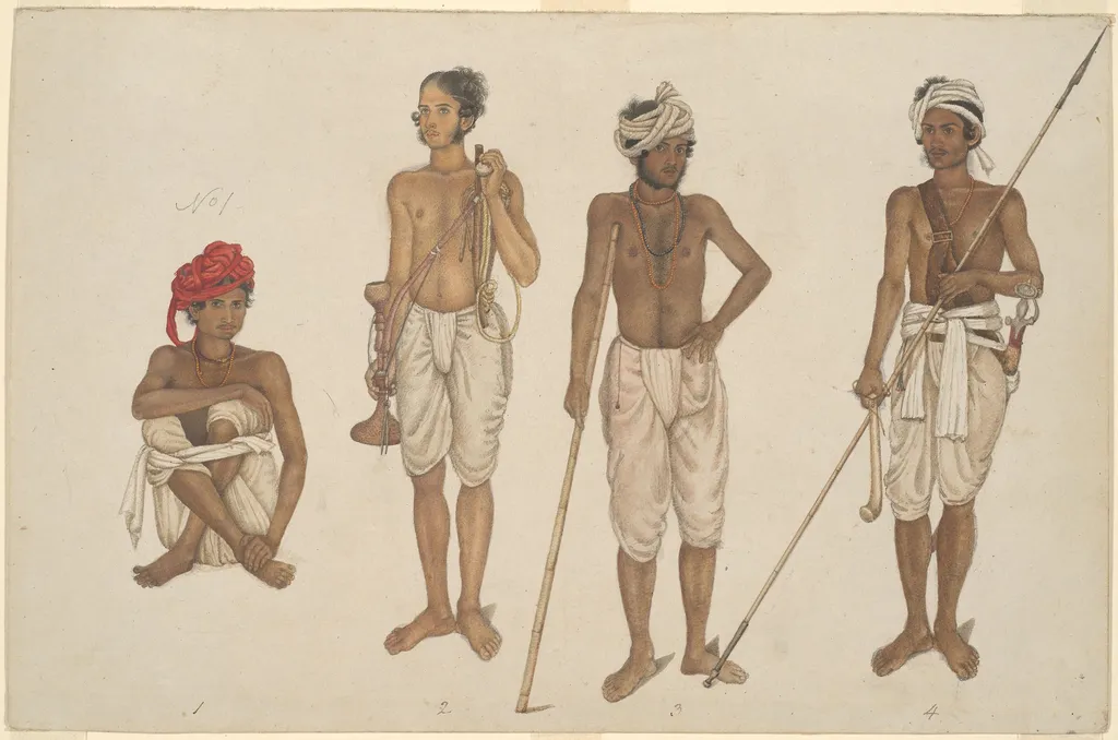 Four Recruits in White Dhotis, page from the Fraser Album, by Unknown, unspecified, 1815