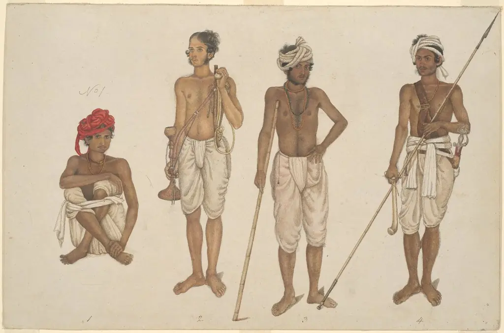 Four Recruits in White Dhotis, page from the Fraser Album, by Unknown
