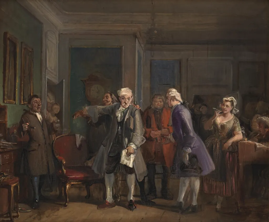 Fra Ludvig Holbergs "Den Stundesløse", I akt, 6. scene, by Unknown, 1850