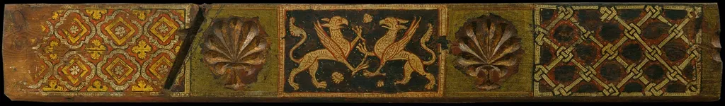 Fragment of a coffered ceiling beam with griffins, plant motifs and interlaced motifs, by Unknown, unspecified, 1300