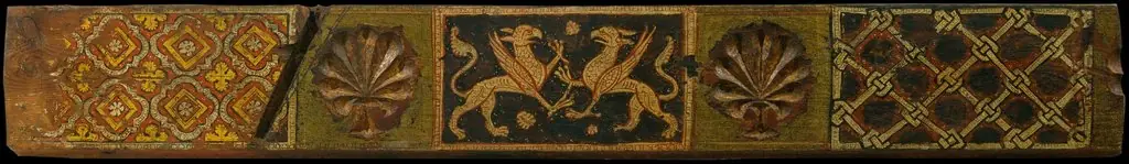 Fragment of a coffered ceiling beam with griffins, plant motifs and interlaced motifs, by Unknown