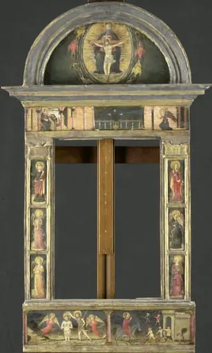 Frame depicting the Annunciation, Baptism of Christ, Entry into Jerusalem, Saints Cecilia and Catherine of Alexandria, Trinity (Gnadenstuhl, Mercy Seat), and four Music-making Angels, by Unknown