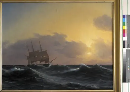Fregat i en storm med rebede undersejl, by Unknown