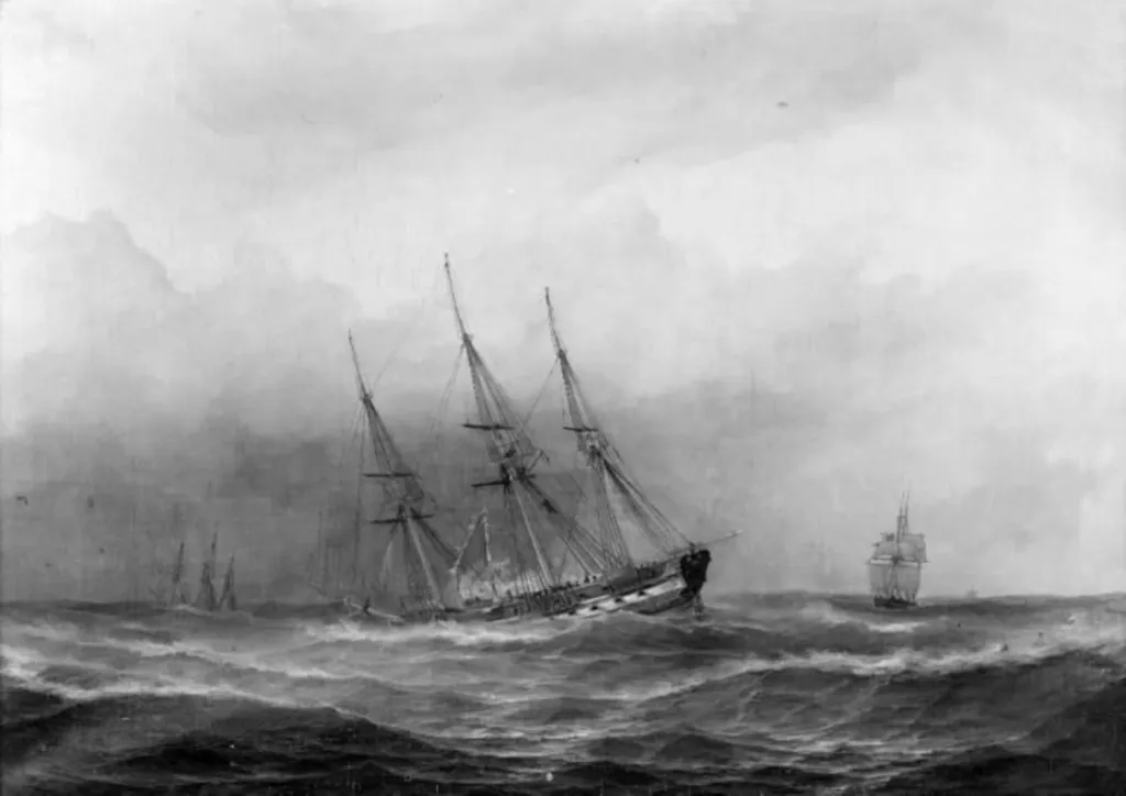 Fregatten "Nymphen" i en storm i året 1832, by Unknown, 1840