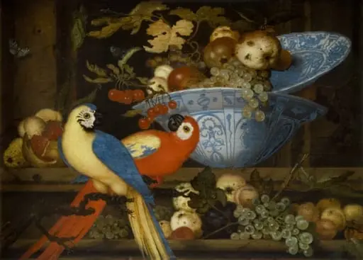 Fruit Still Life with Two Parrots, by Unknown