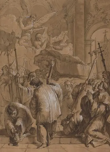 Funeral Procession of a Saint with Angels, by Unknown