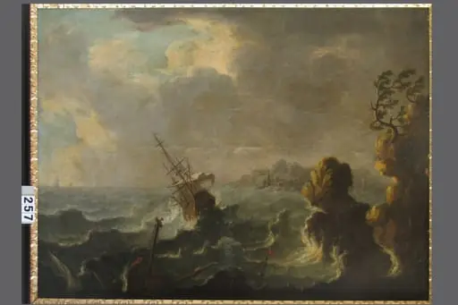 Furtună pe mare lângă oraș ; pandant: Oraș la mare, by Unknown