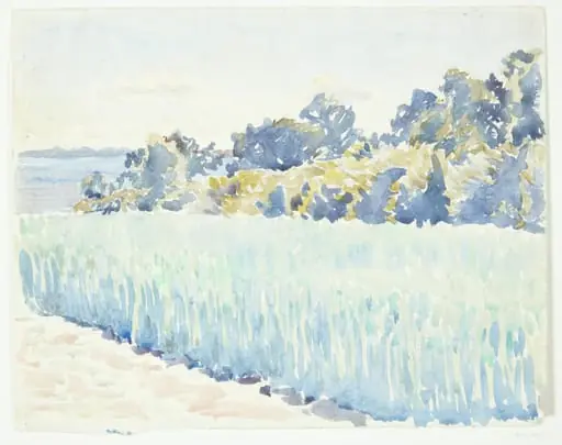 Fynsk landskab. Kornmark ved en skov, by Unknown